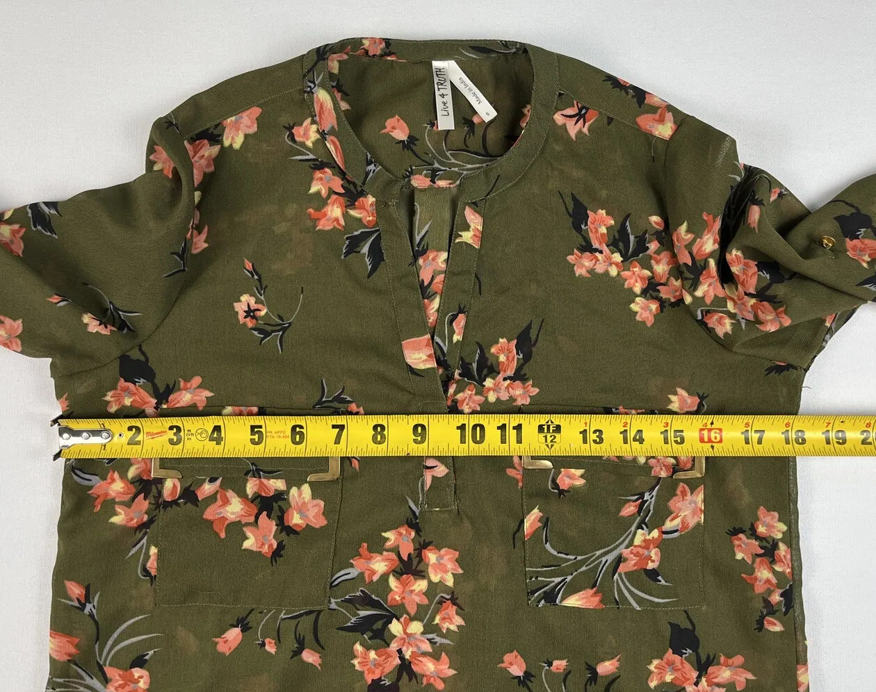 Live 4 Truth Size Small Green Floral Sheer Blouse 3/4 Sleeves W/ Roll Tab Option