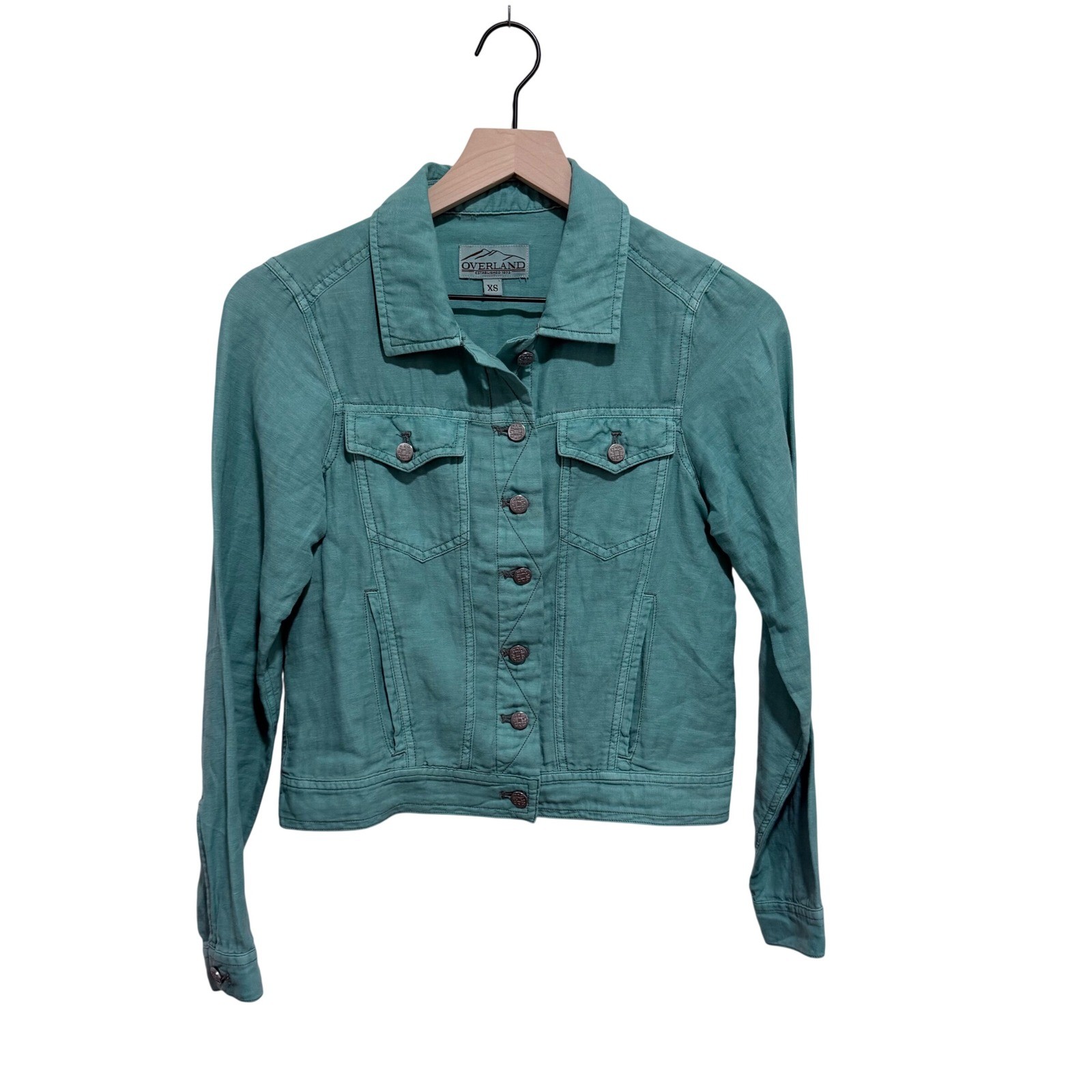 Overland Linen Cotton Trucker Jacket Teal Green Crop Button Jacket