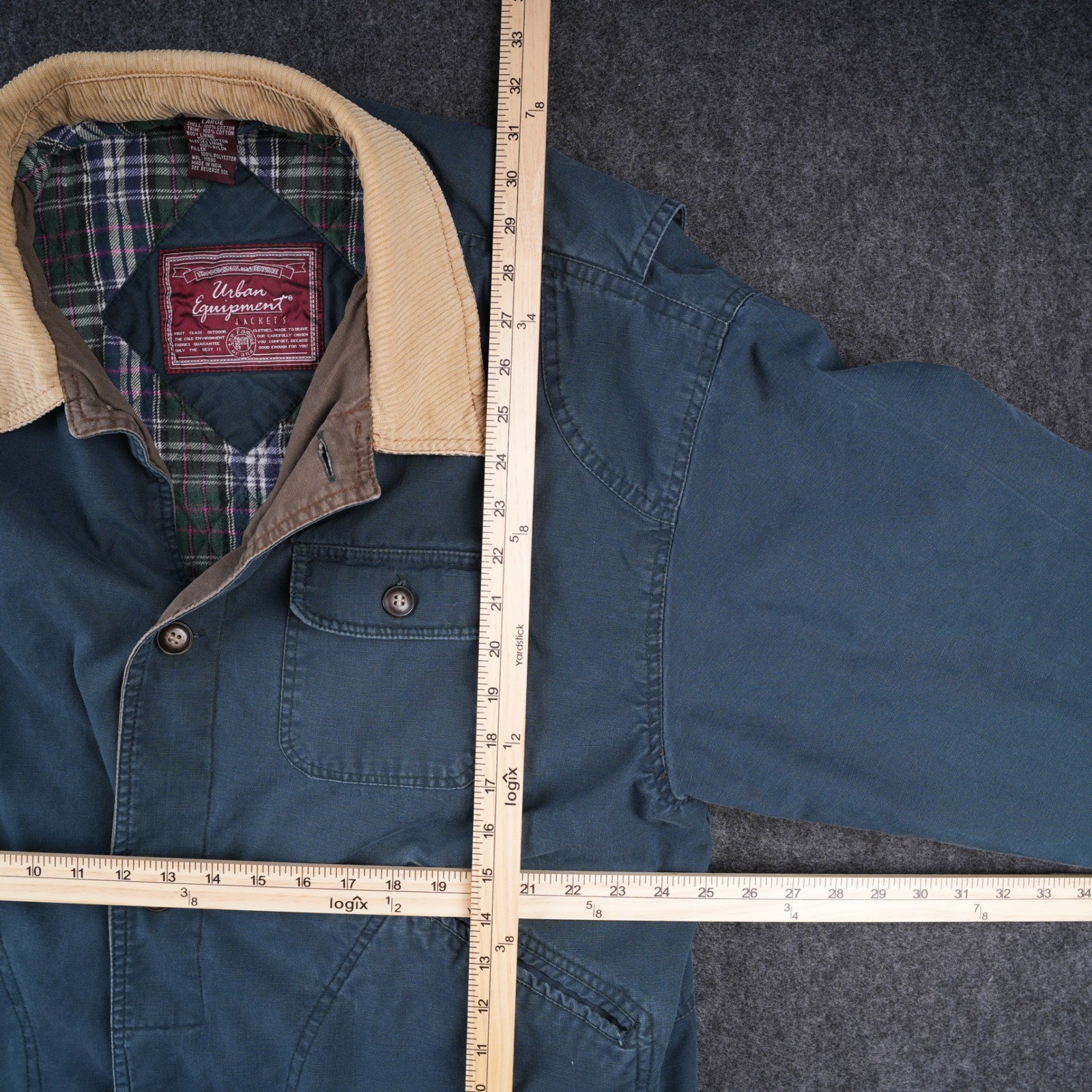 Urban Equipment Barn Jacket Mens Large Navy Blue Excellent Plaid Lined Canvas
