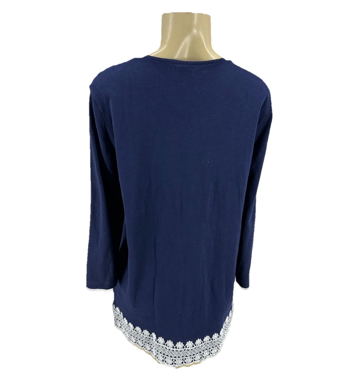 Chicos Medium Women Pull Over Navy Blue 3/4 Sleeve Top Tunic Crochet Trim S8