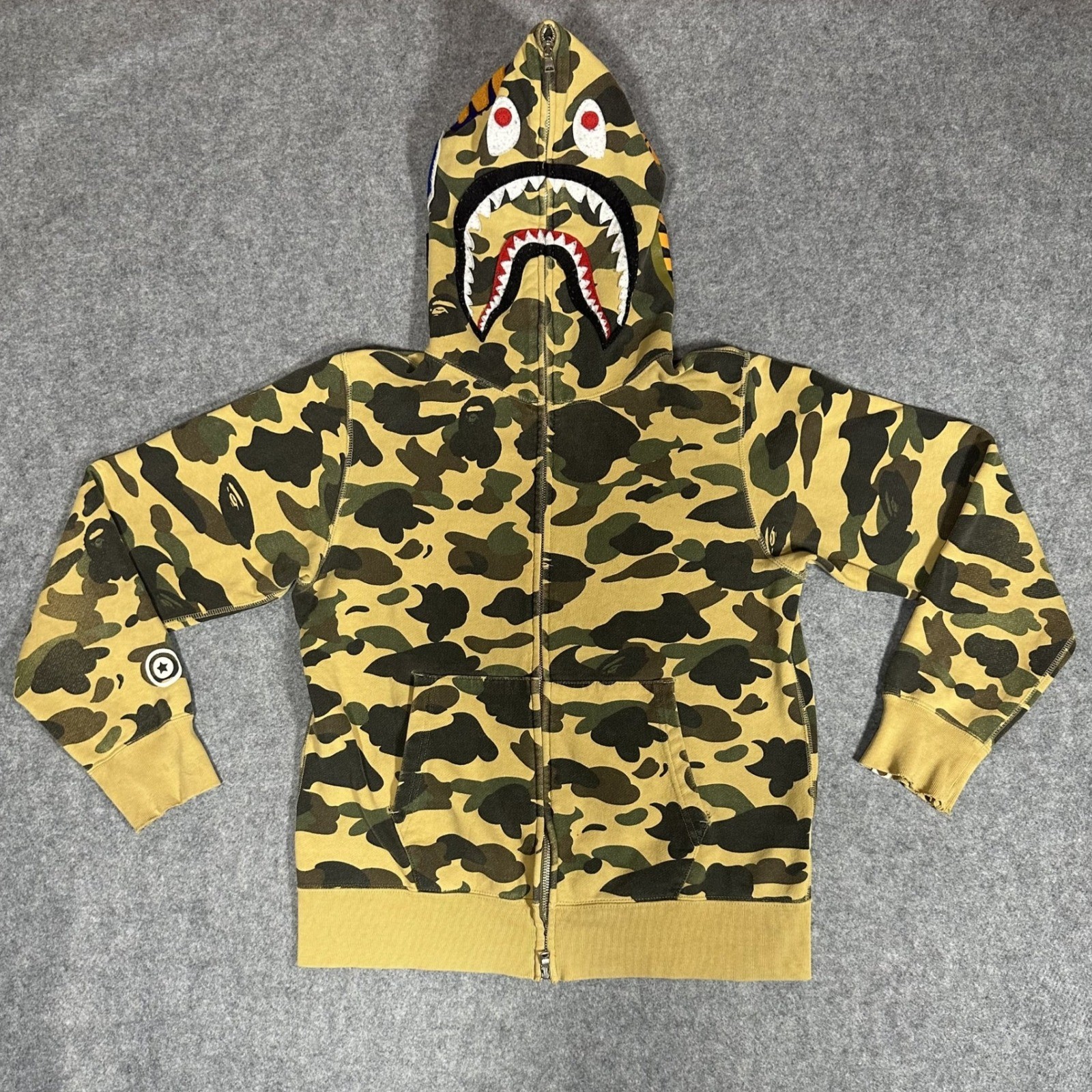 A Bathing Ape Shark Full-Zip Hoodie Medium Yellow Camo Cotton Frayed Hem