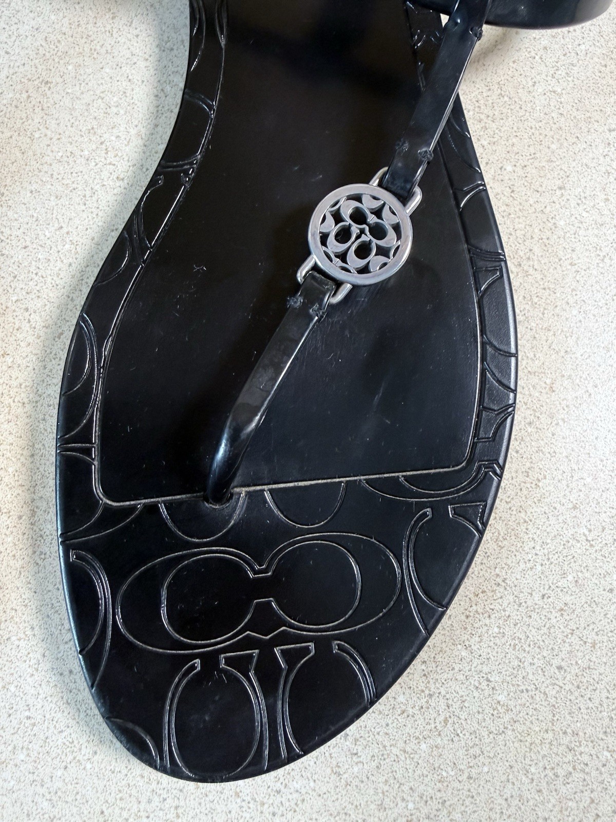 Coach Womens Pansy Sandals Size 10 Black Jelly T-Strap Thong Slingback Medallion