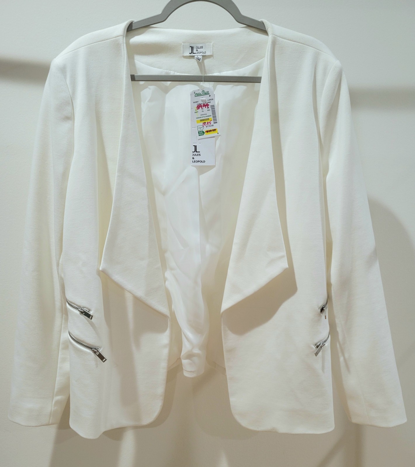 NWT Jules & Leopold Open-Style Zipper Detail White Blazer Fully Lined Size L
