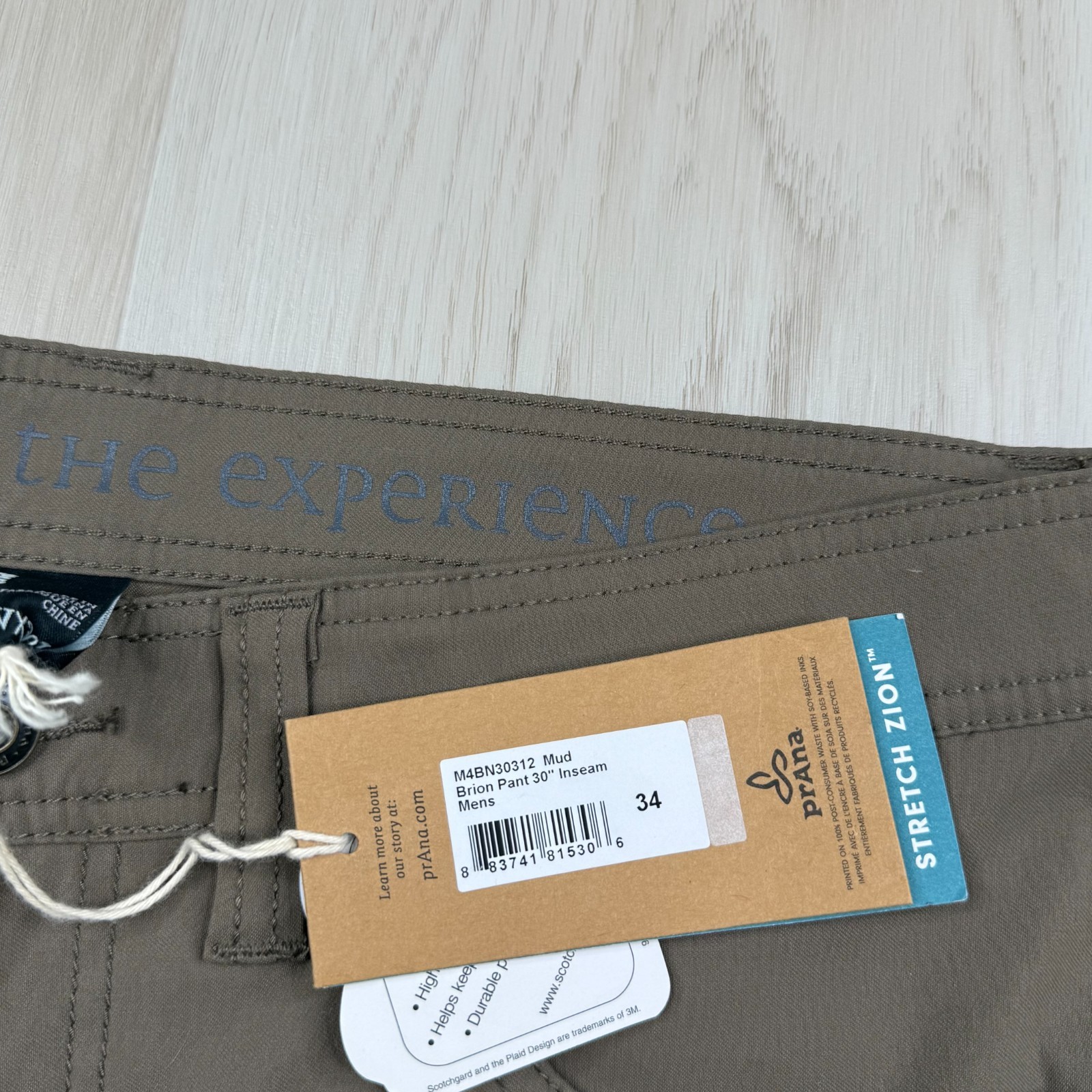 NWT PrAna Mens Brown Mud Slim Fit Stretch UPF 50+ Brion Chino Pant Size 34×30