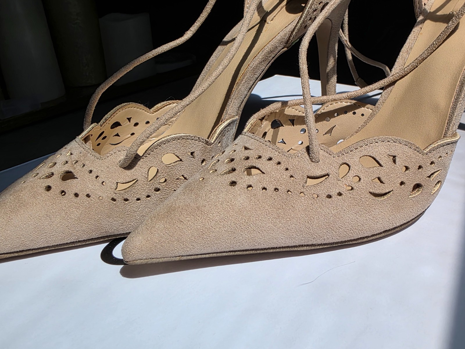 ALDO Antoinette Size 6 Nude Beige Suede Lace Up Stiletto Heels Pumps Never Worn