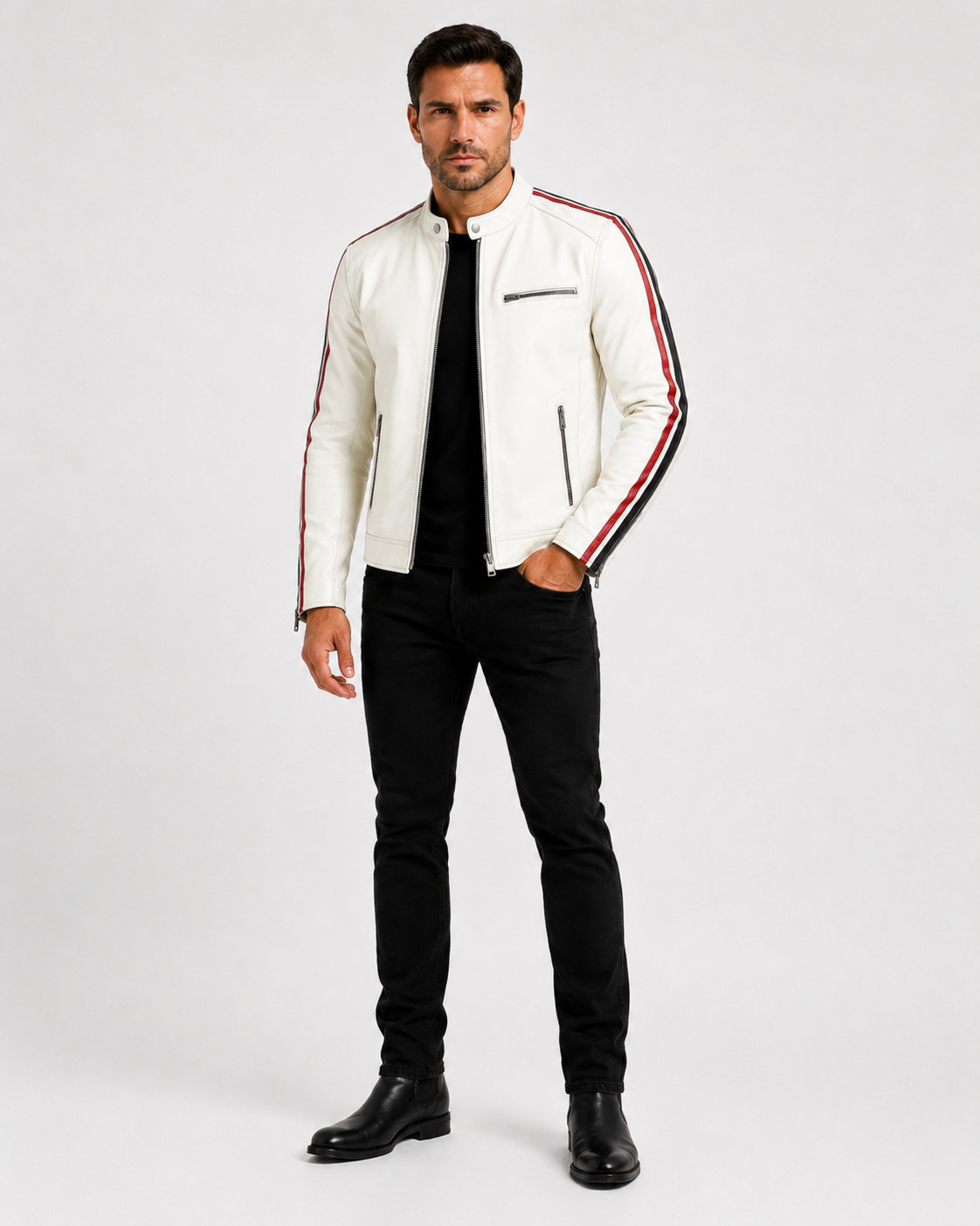 Men’s White Real Lambskin Leather Cafe Racer Jacket Red Black Racing Stripes