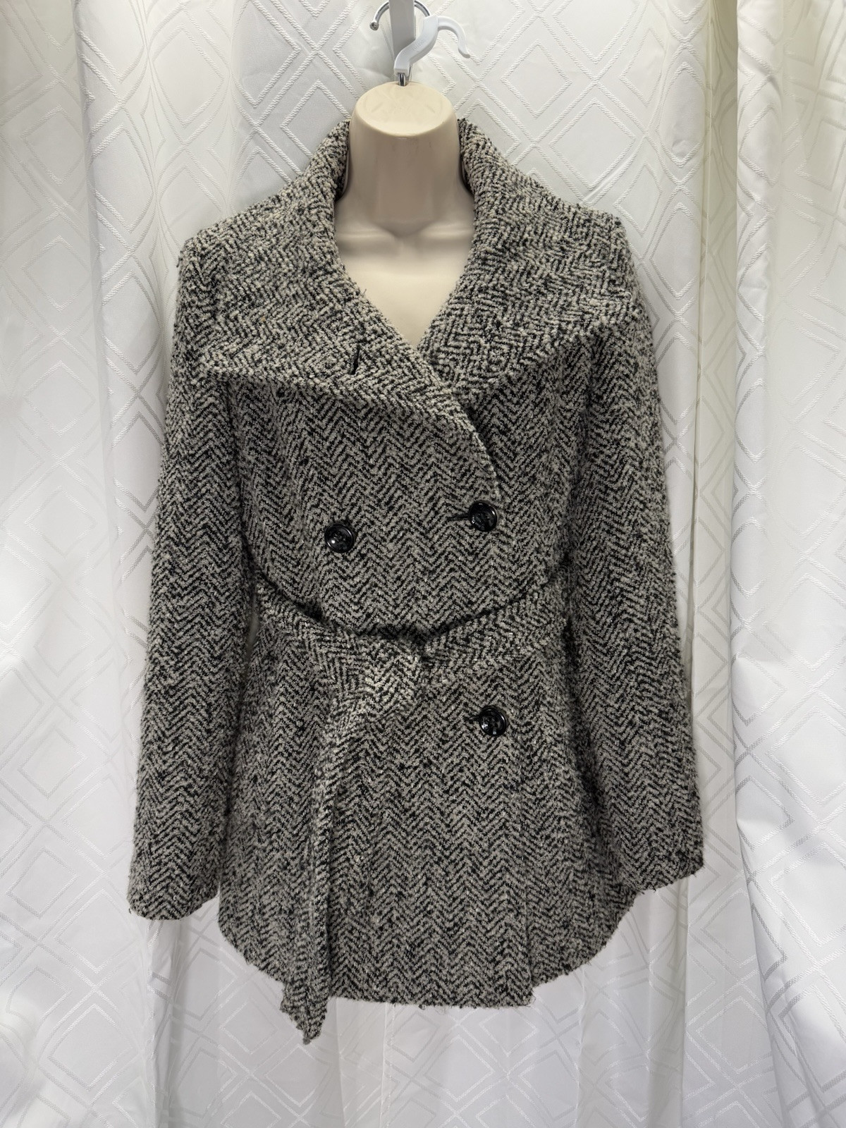 Calvin Klein Double Breasted Pea Coat Womens Size 2 Wool Tweed Belted Jacket
