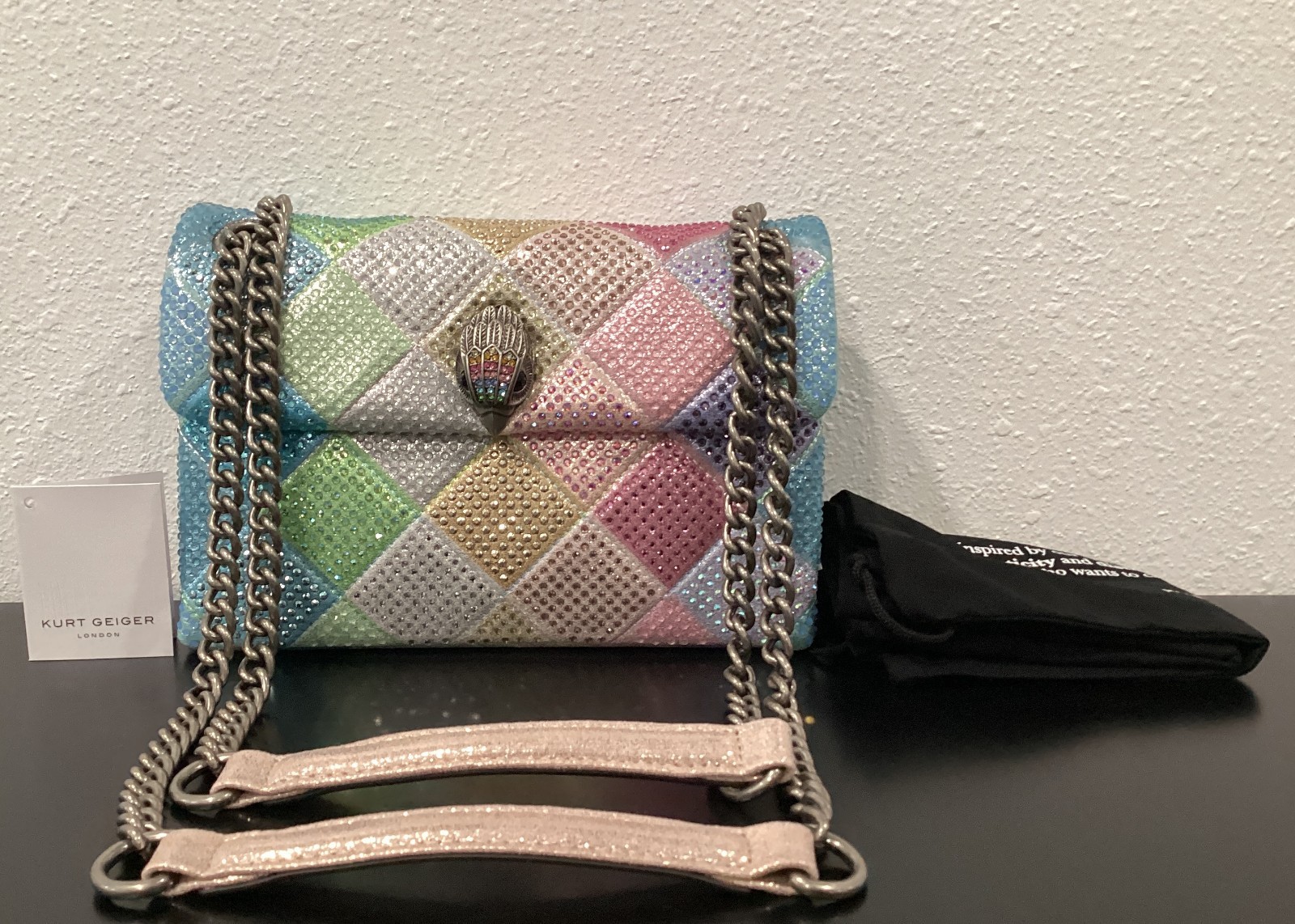 Kurt Geiger Medium 8.5″ x 6″ x 2.75″ Rainbow Iridescent Pink Blue Peach Crystal
