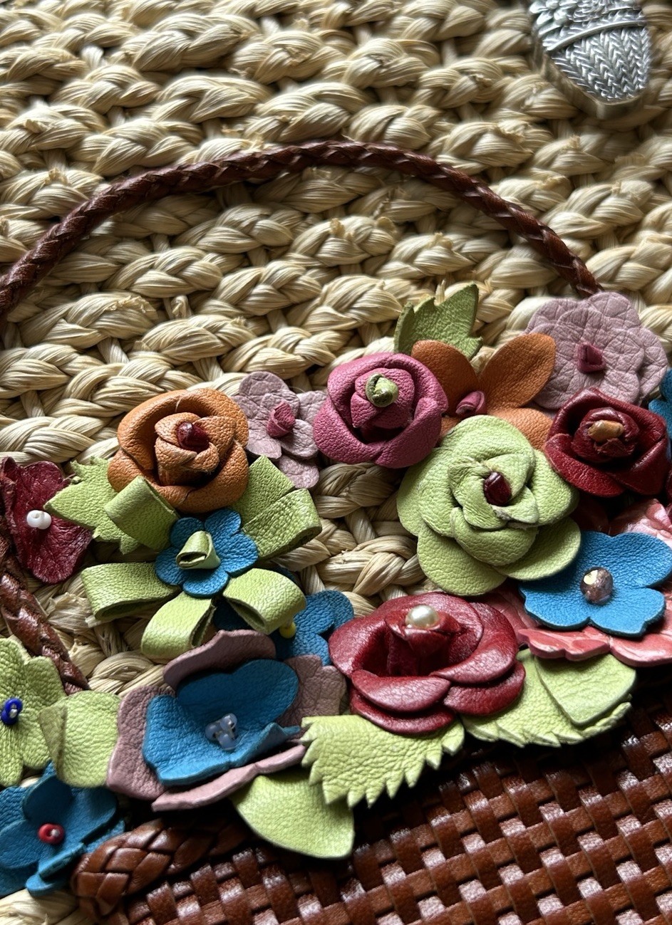 Brighton Straw Woven Tote Bag 3D Leather Flower Basket Heart Charm EUC