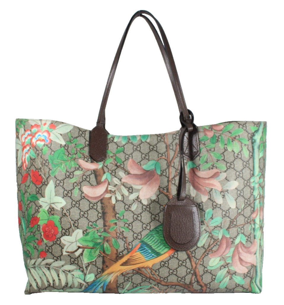 GUCCI $1,380 Beige & Ebony GG Supreme Coated Canvas Medium TIAN Print Tote Bag