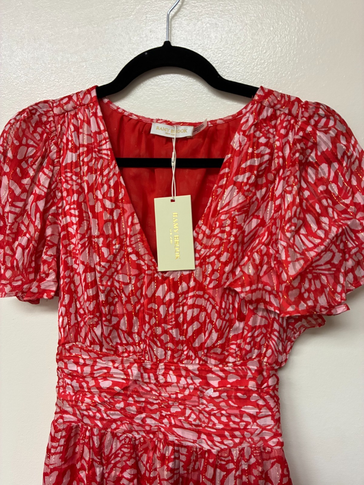 Ramy Brook Printed Ruffle Dress Red And White V Neck Size XS