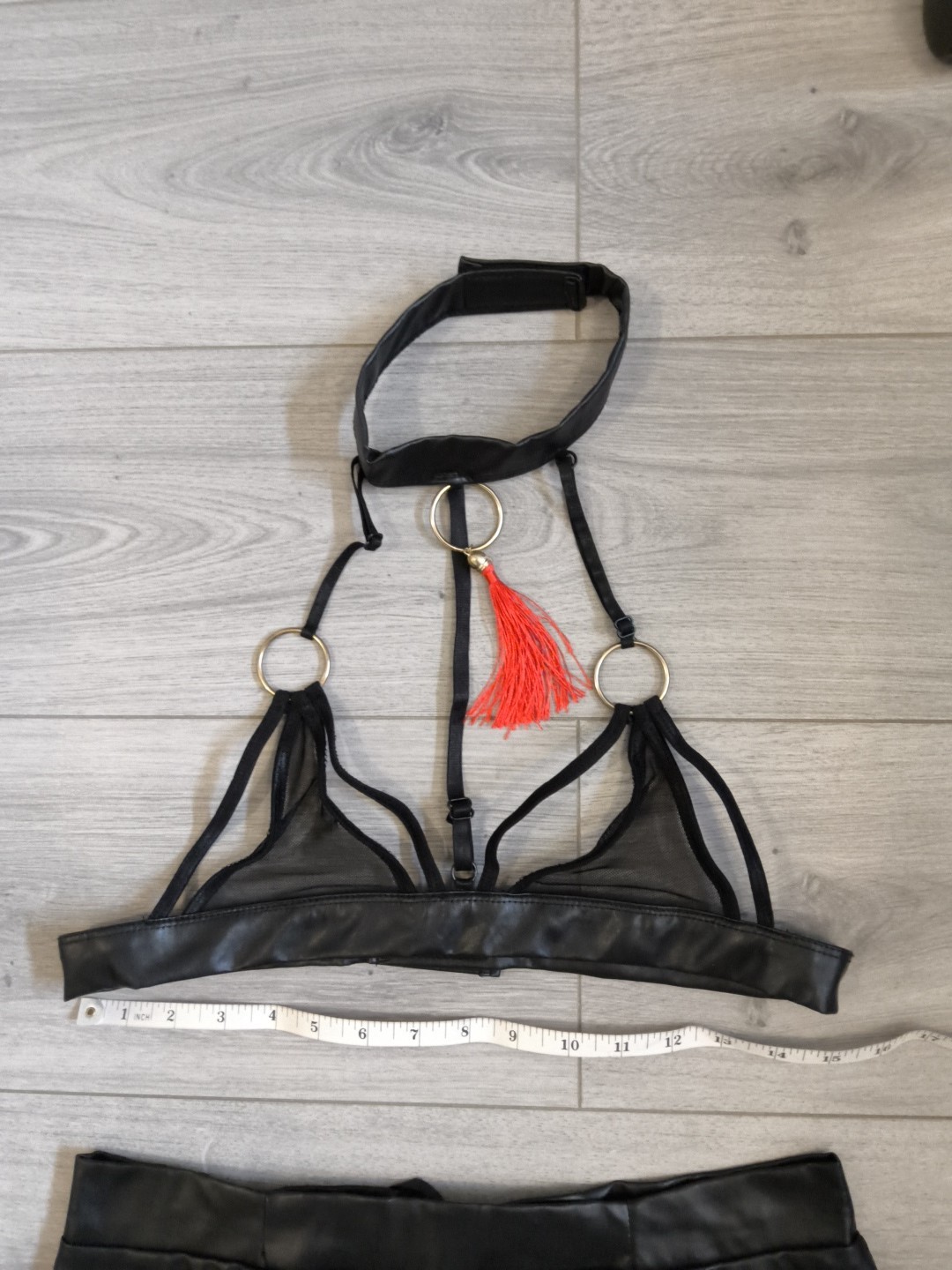 BNWOT Black PVC & Sheer Mesh Tassel Suspender Skirt & Bra Top Set Size 10-14