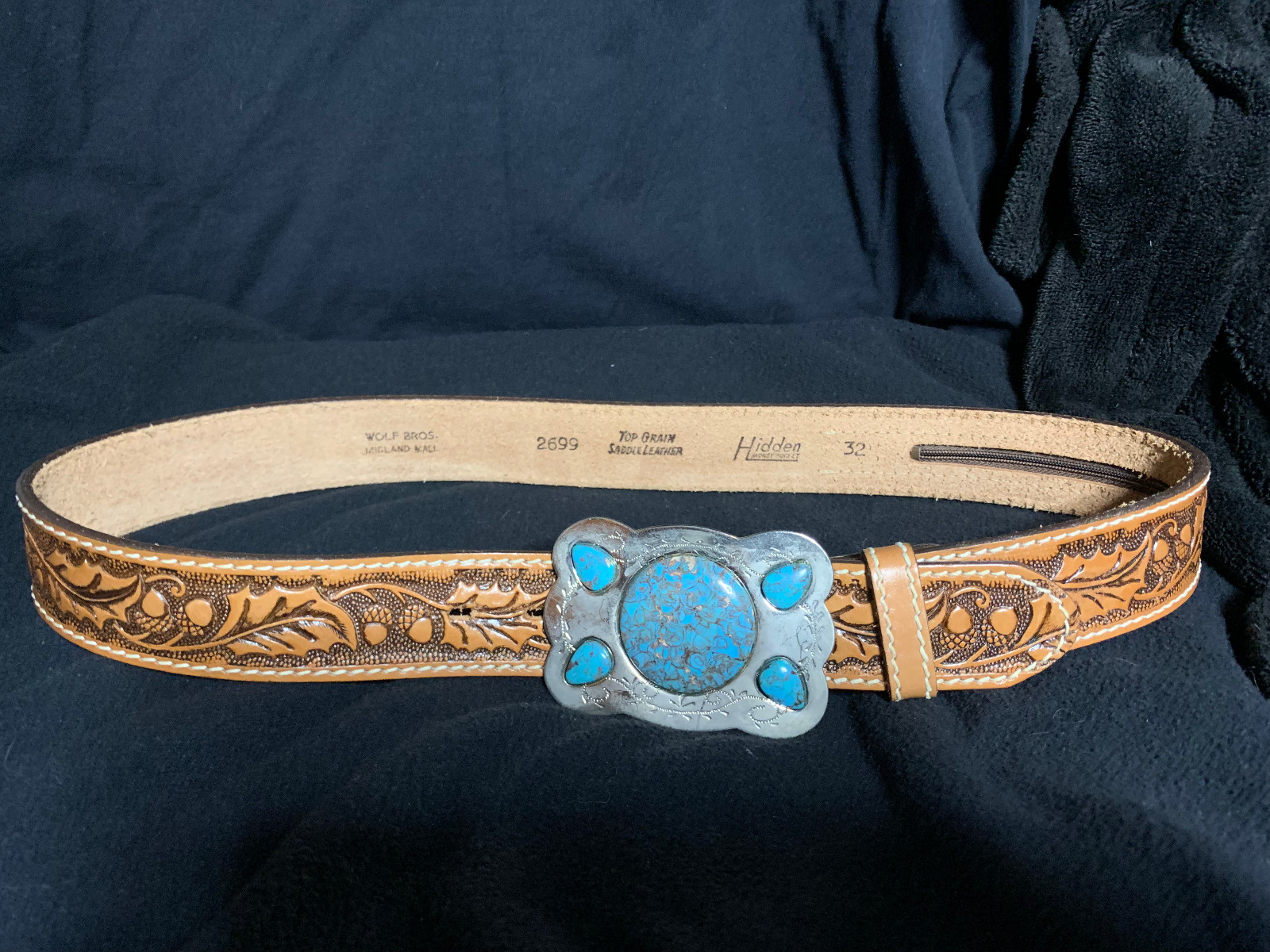 Western Brown Leather Belt with Turquoise Buckle ~30″ – 32″ Wasit
