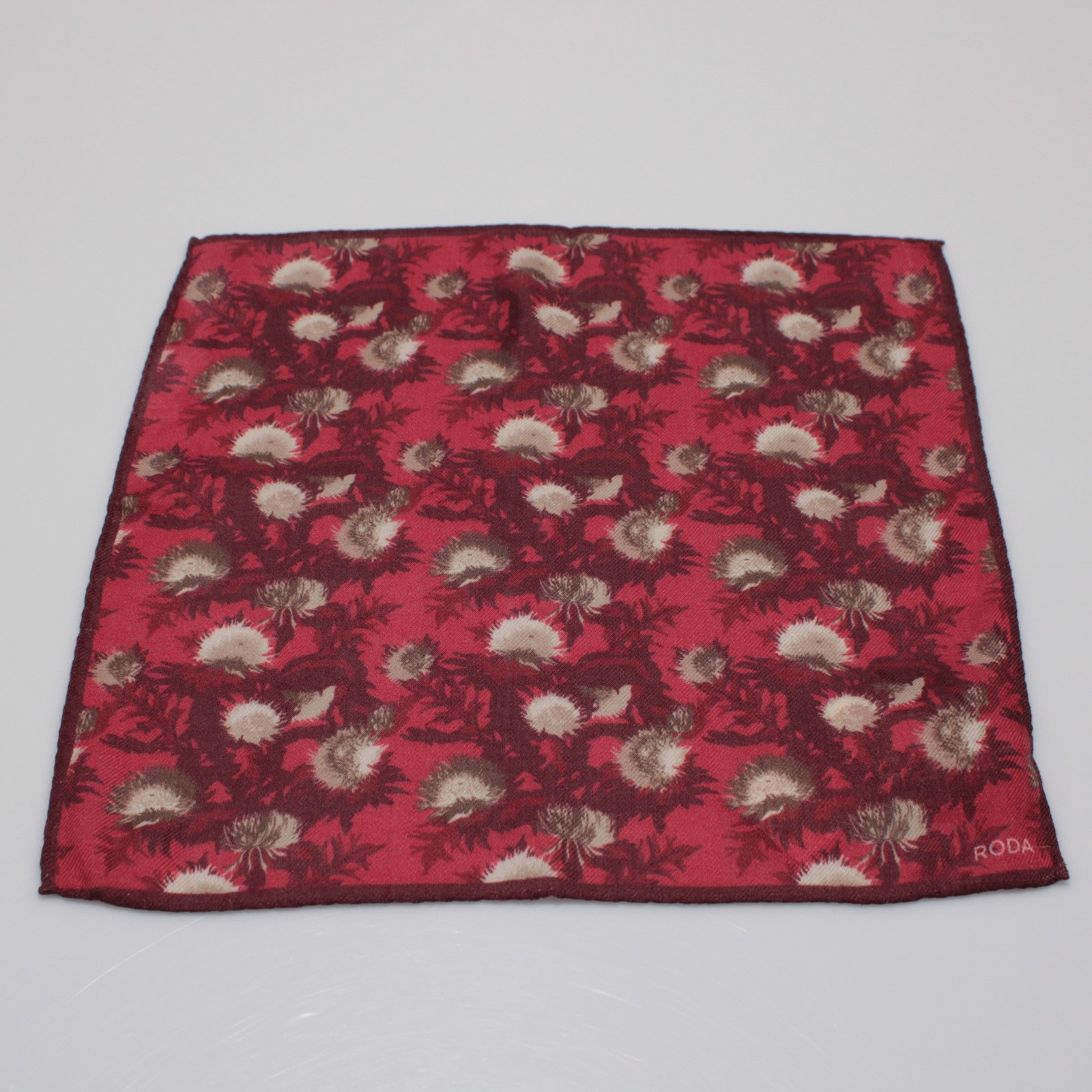Roda NWT Wool / Silk Blend Pocket Square In Red / Cream / Brown Floral Print
