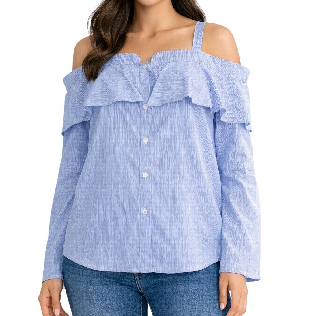 Trouve Blue White Striped Off Shoulder Ruffle Bell Sleeve Cotton Blouse Small