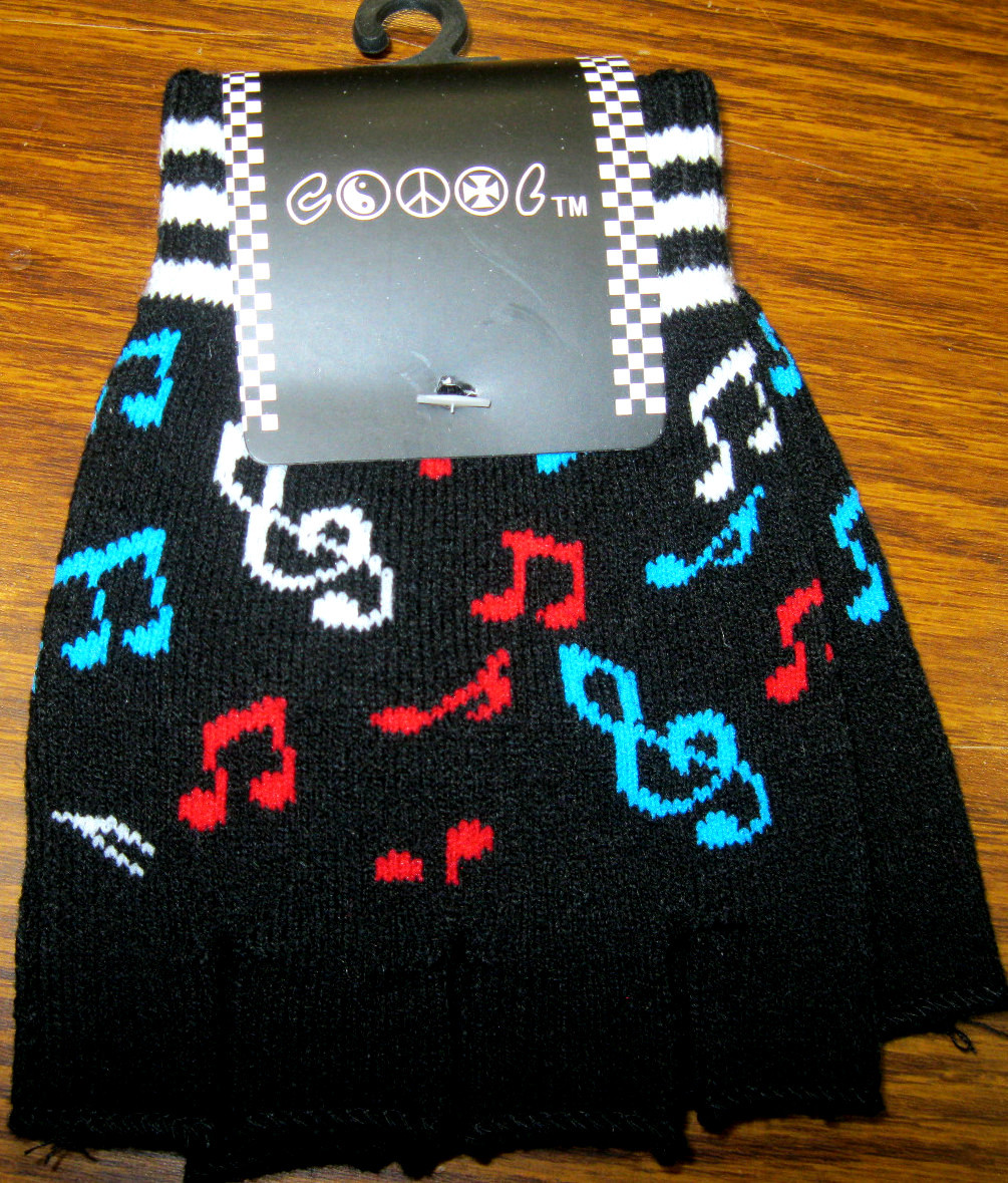 MULTI-COLOR MUSICAL NOTES ON BLACK CUTOFF KNIT FINGERLESS WINTER GLOVES-NEW!