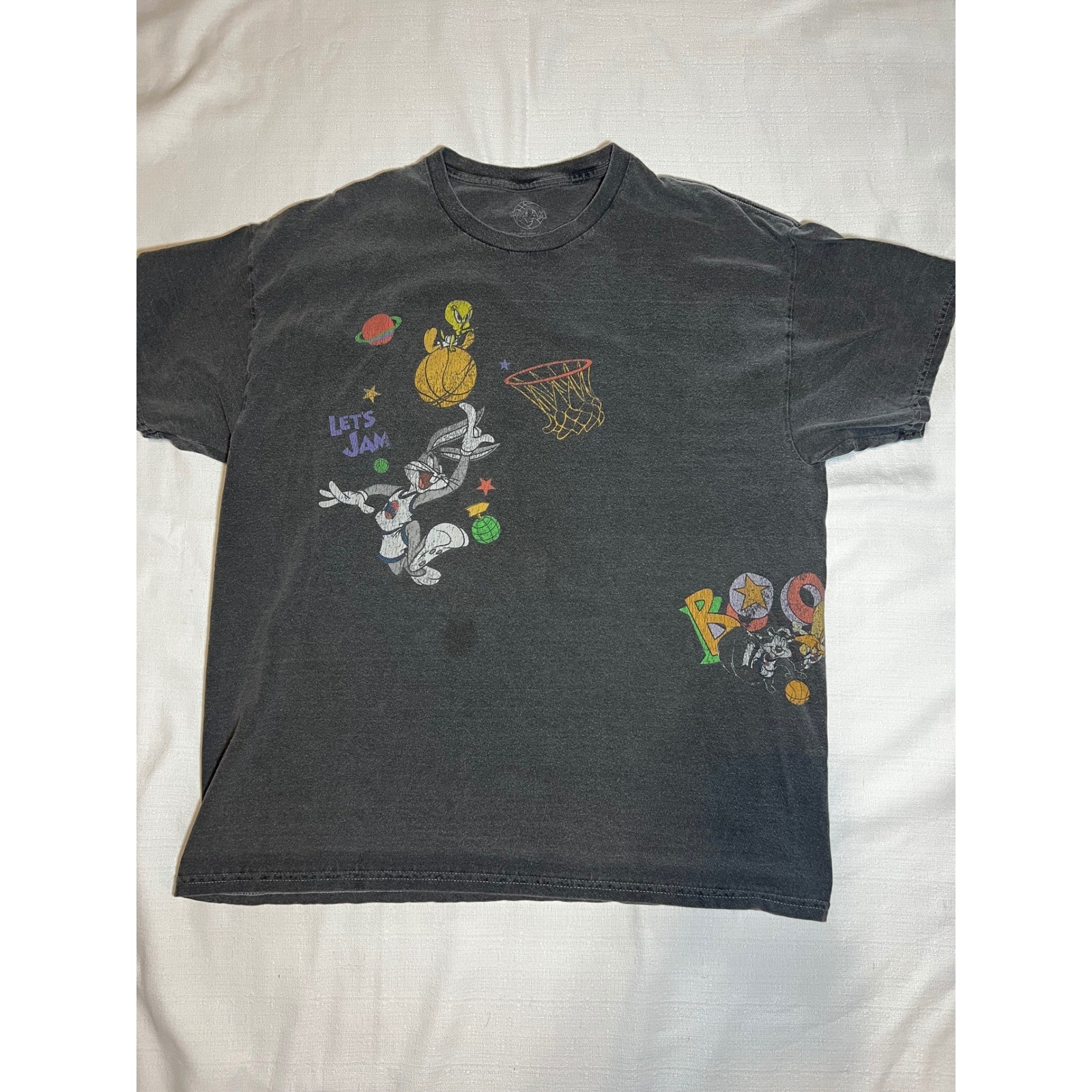 Space Jam Looney Tunes Graphic T Shirt Mens XL Faded Black Bugs Bunny Lets Jam