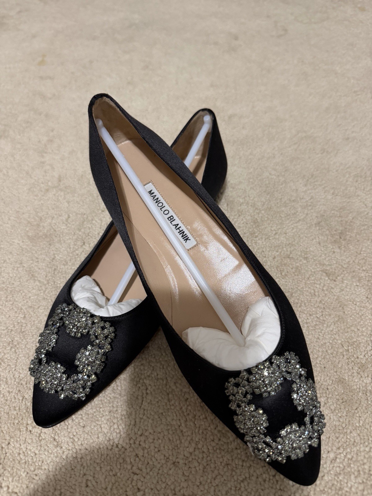 HANGISIFLAT Black Satin Jewel Buckle Flat Pumps Size 37
