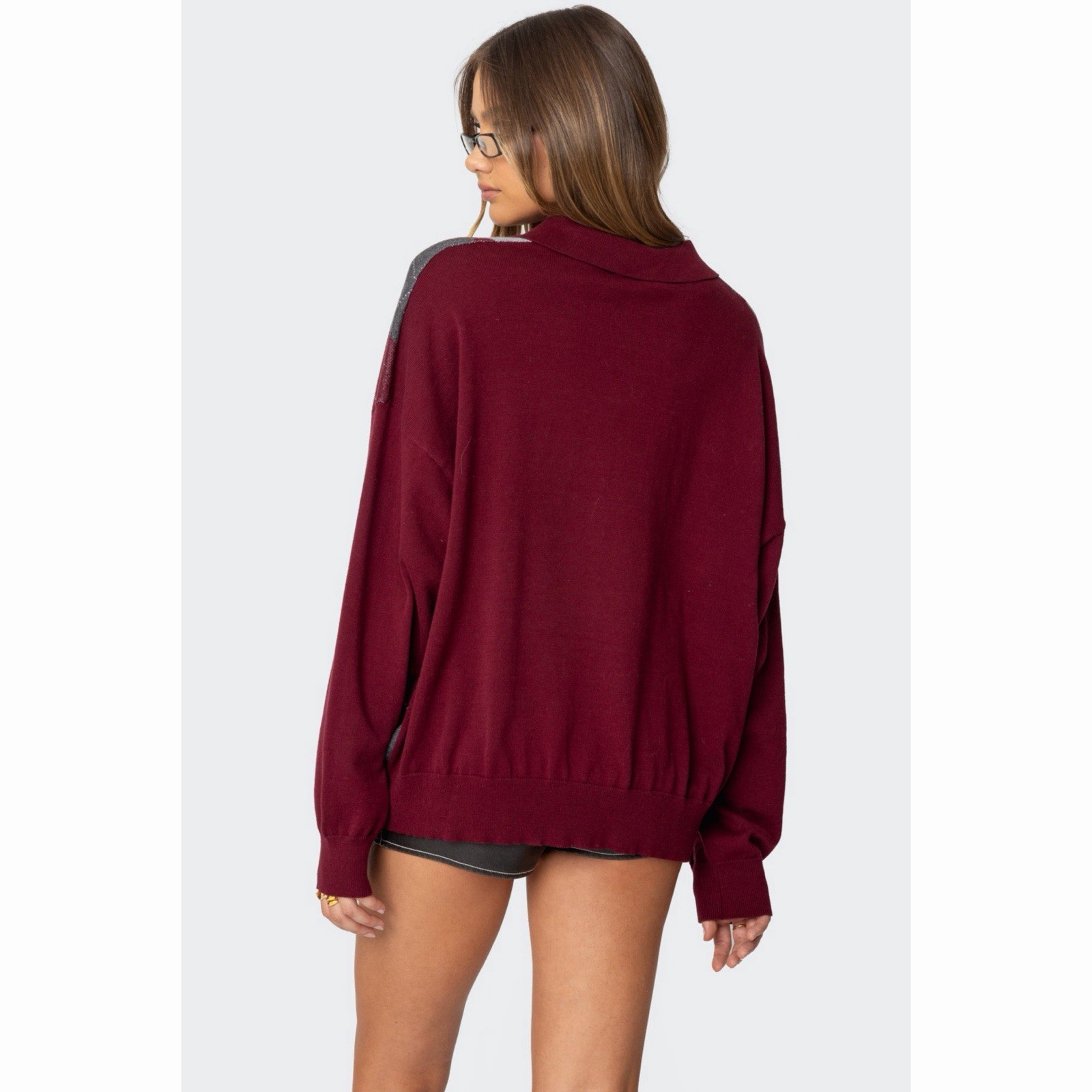 Edikted Argyle Oversized Polo Sweater Burgundy Dark Academia Preppy M