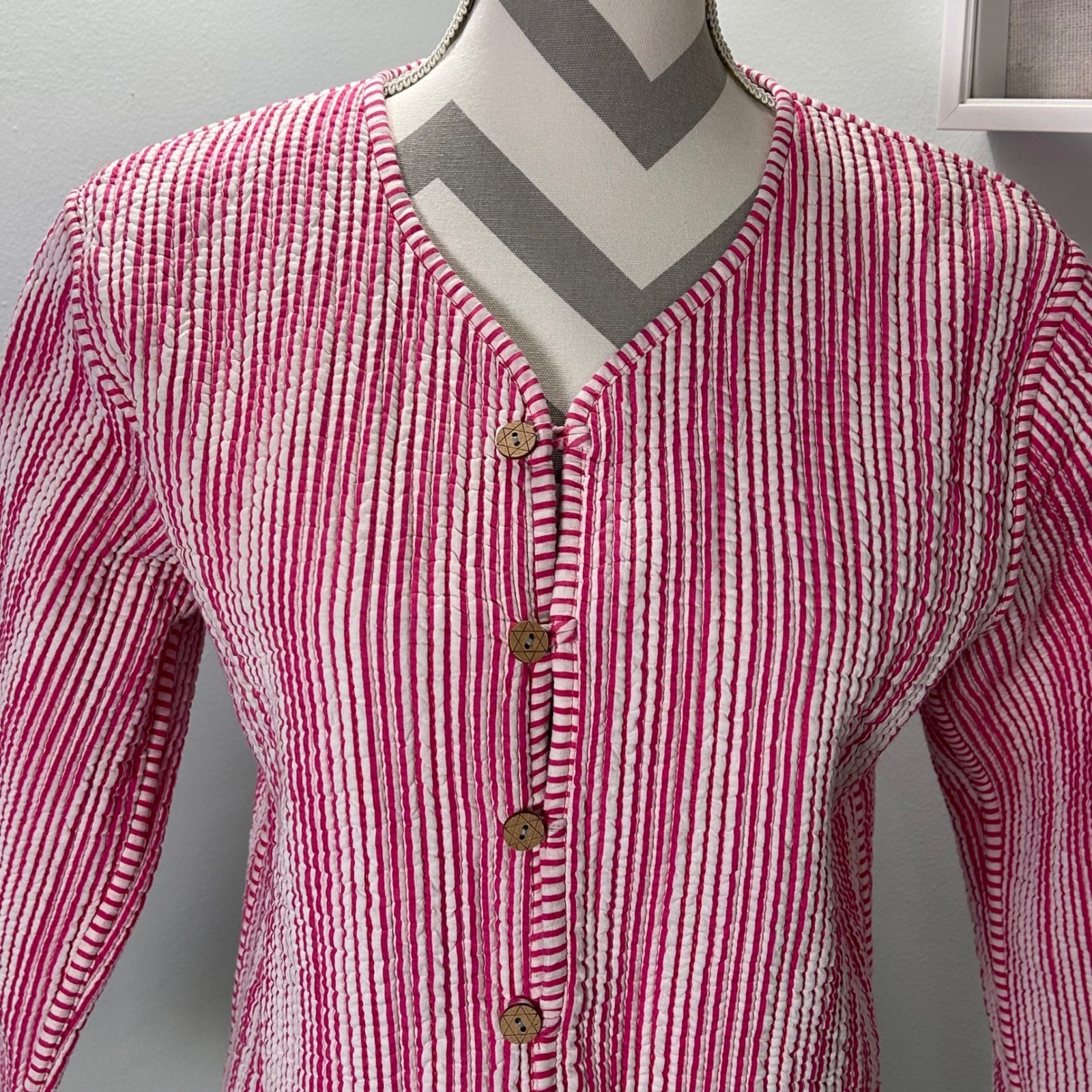 Block Print Quilted Jacket Turquoise Pink Floral Reversible Button Front Medium