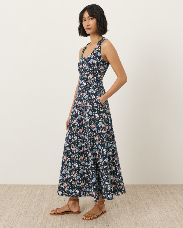 PACT Organic Fit & Flare Open Back Maxi Dress, Dayspring Blooms Navy Blue (NEW)