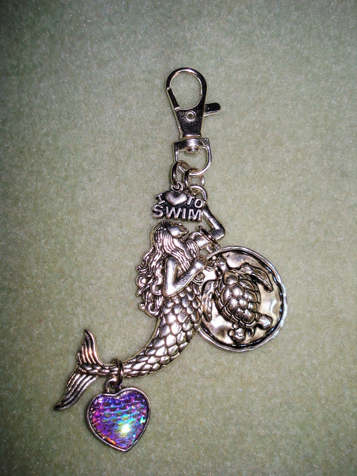 4 3/4″ Drop Mermaid, Sea Turtle, Heart “Swim” Charm Silver Plate Key Ring Glitz