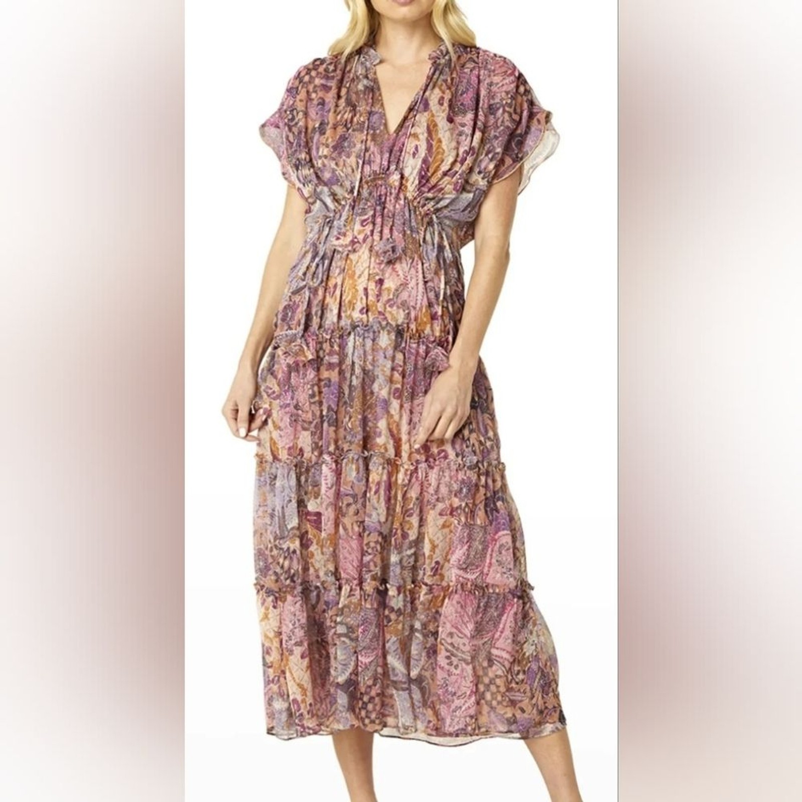 MISA Los Angeles Size Large Ilya Boho Pink Batik Sheer Short Sleeve Midi Dress