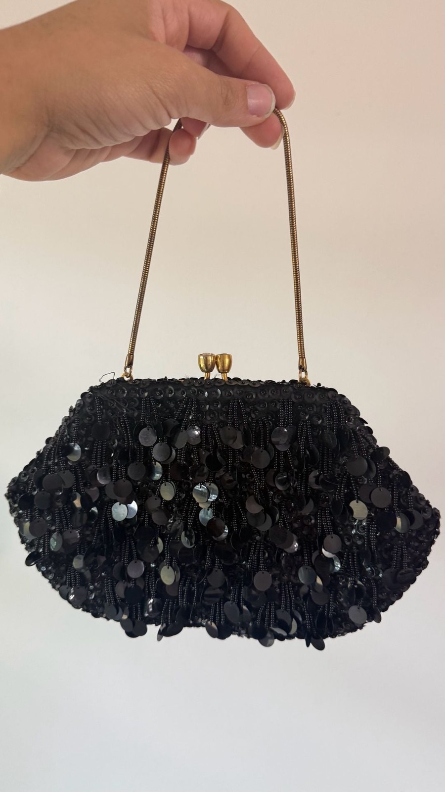Vintage 1960s Black Beaded and Sequin Fringe Evening Bag Made in Hong Kong