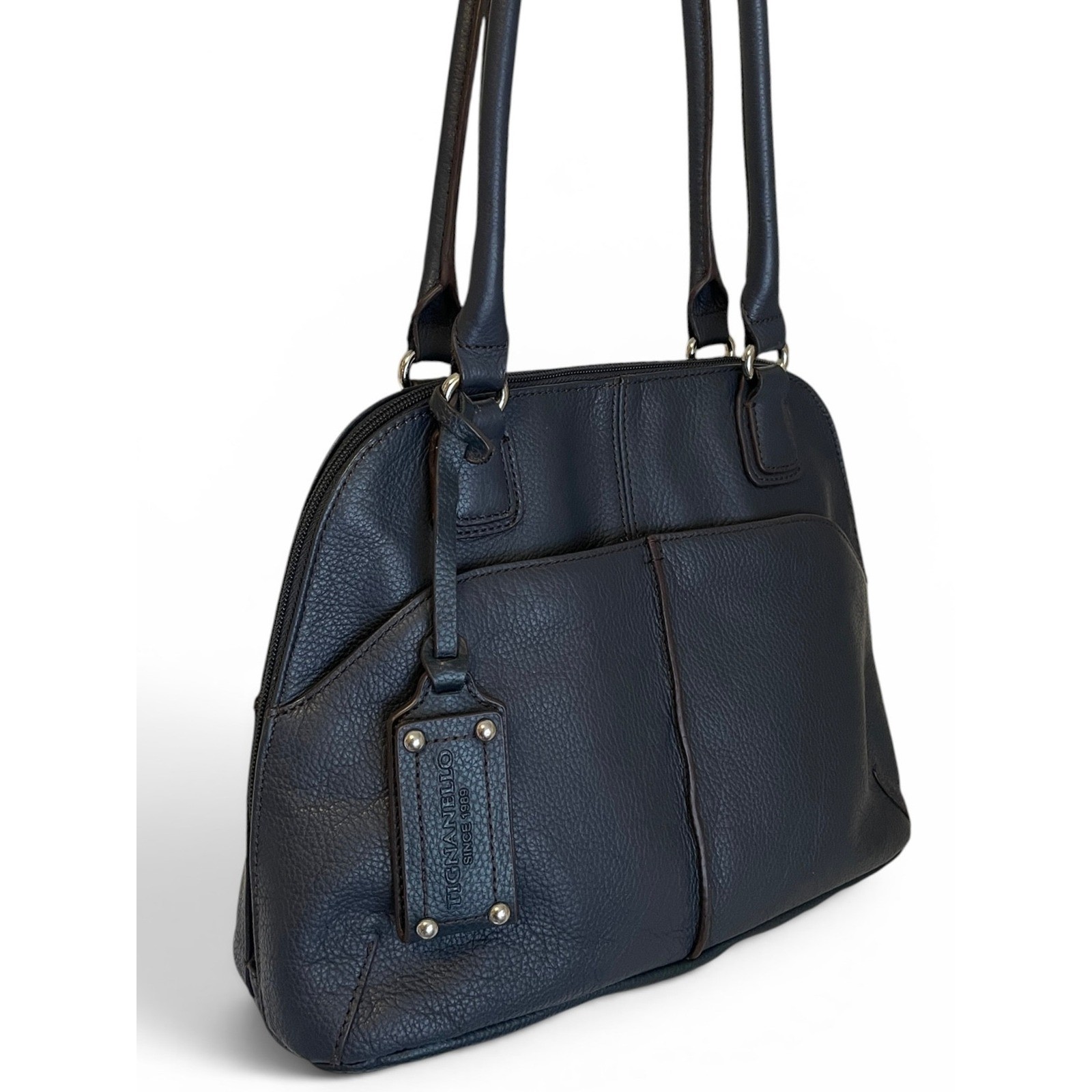 Tignanello Navy Pebbled Leather Domed Satchel Purse Built-In Wallet Mirror Tag
