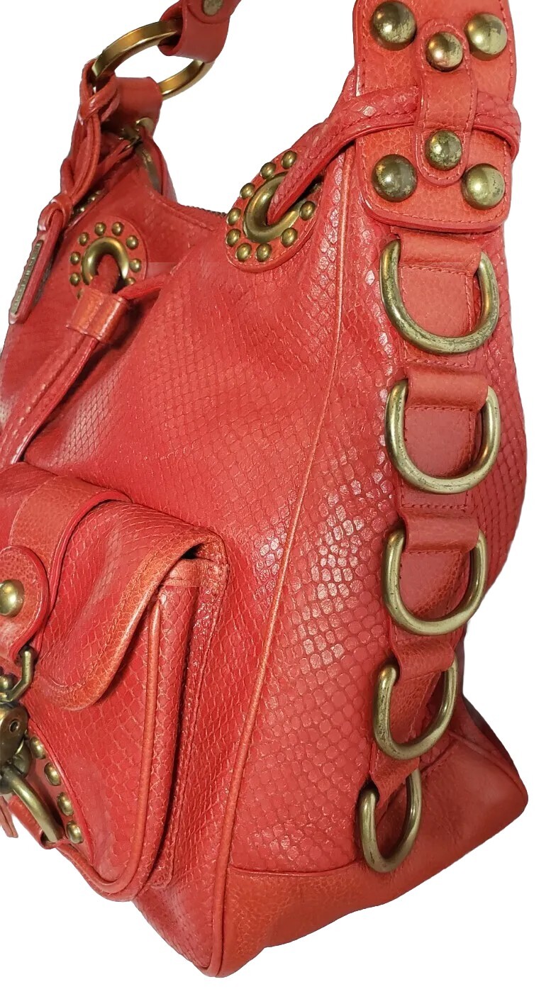 ISABELLA FIORE SNAKE CHARMER RED STUDDED EMBOSSED LEATHER SHOULDER HANDBAG $695