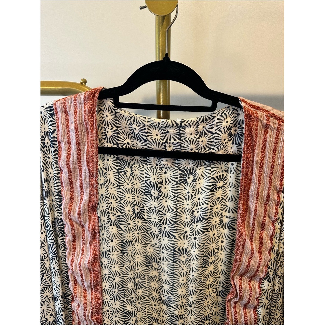 Printed Boho Kimono with Coral Trim Women’s One Size