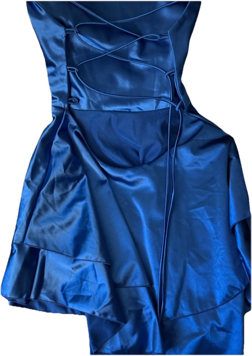 Amazon Women’s Blue Satin Cowl Neck Open Back Ruffle Mini Dress Size M