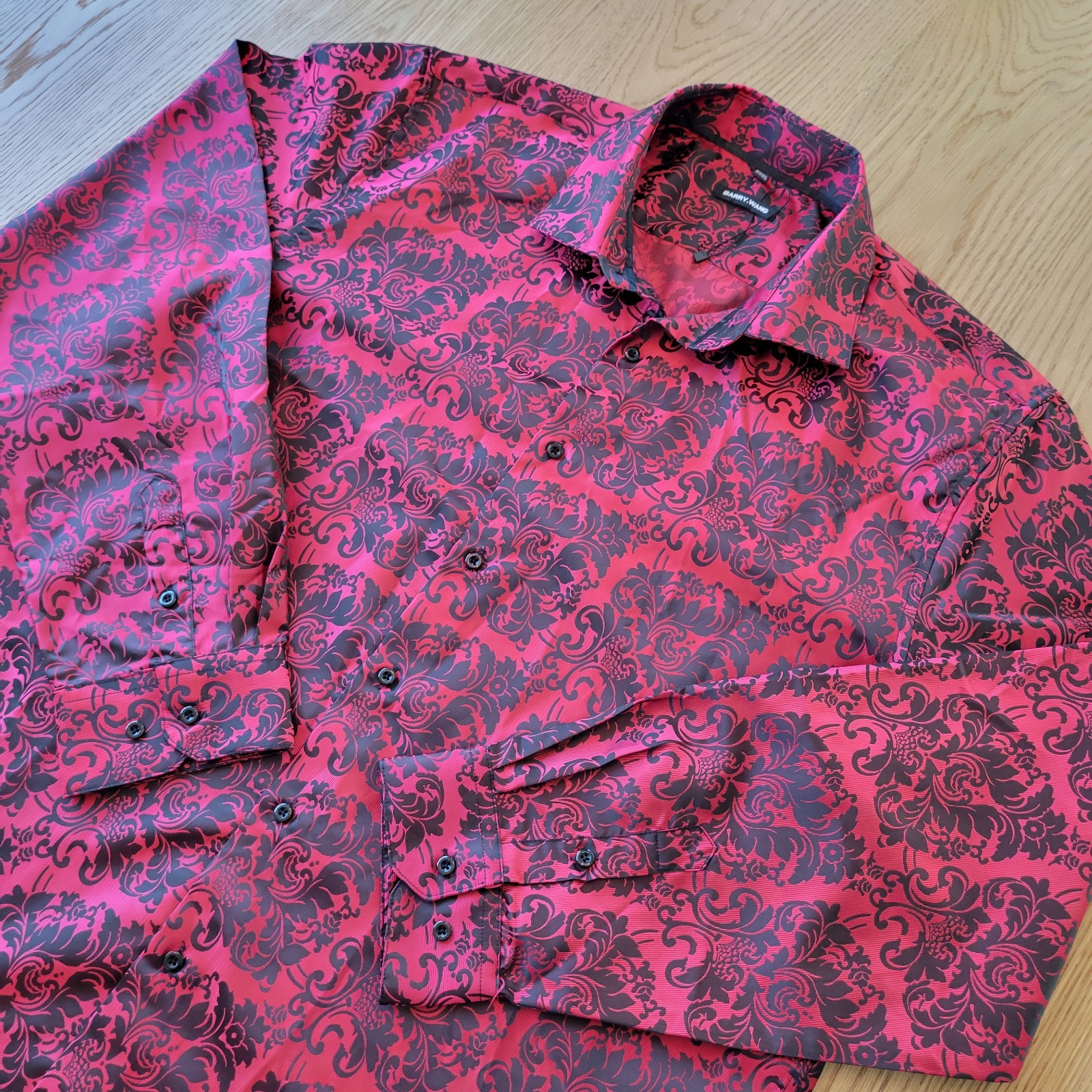 Barry Wang Long Sleeve Shirt 3XL Floral Red Black Metallic Shiny Silk Button Up