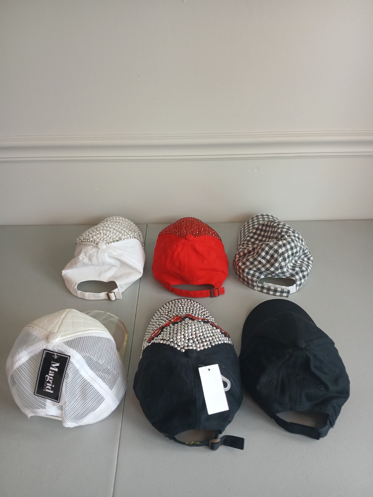 6 Assorted Red Black White Fashion Baseball Caps Various Fabrics & Rhinestones