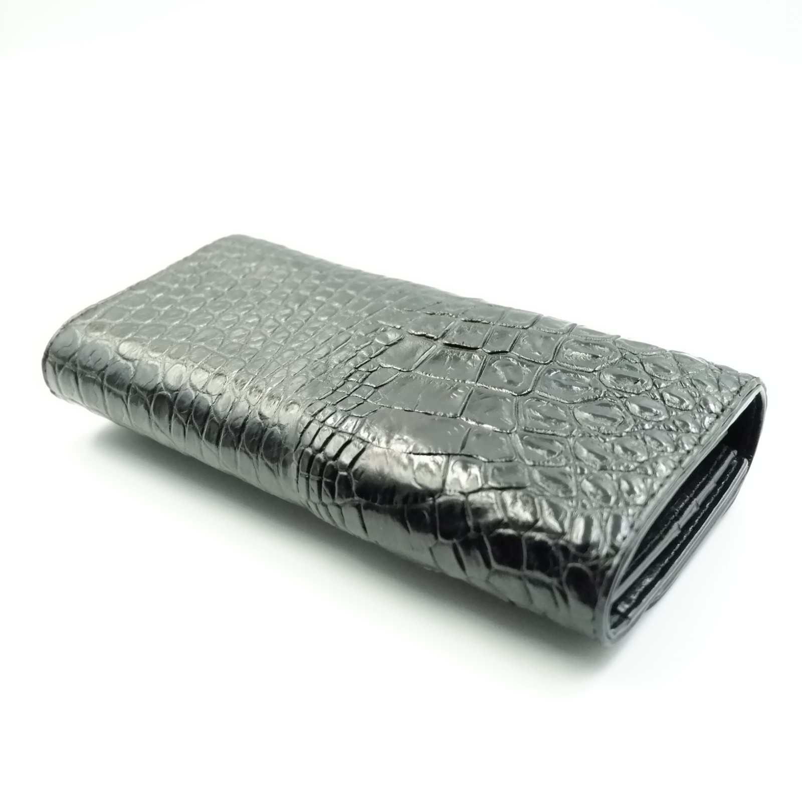 New Black Genuine Croc Leather BackBone Skin Women Tri-fold Clutch Wallet Purse.