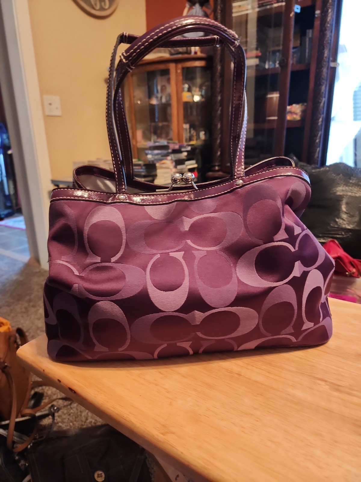 Coach Signature Jacquard Kisslock Tote Bag Purple 20105 Leather Trim