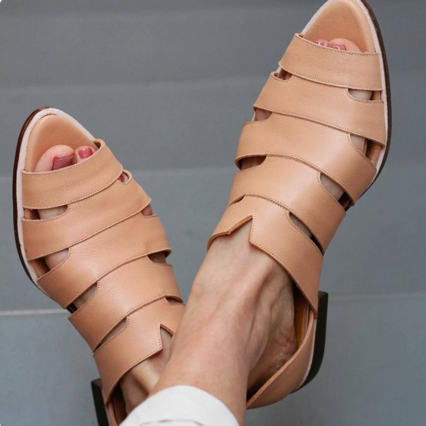 Women’s PU Leather Pointed Peep Toe Summer Sandals Hollow Breathable Shoes Flat