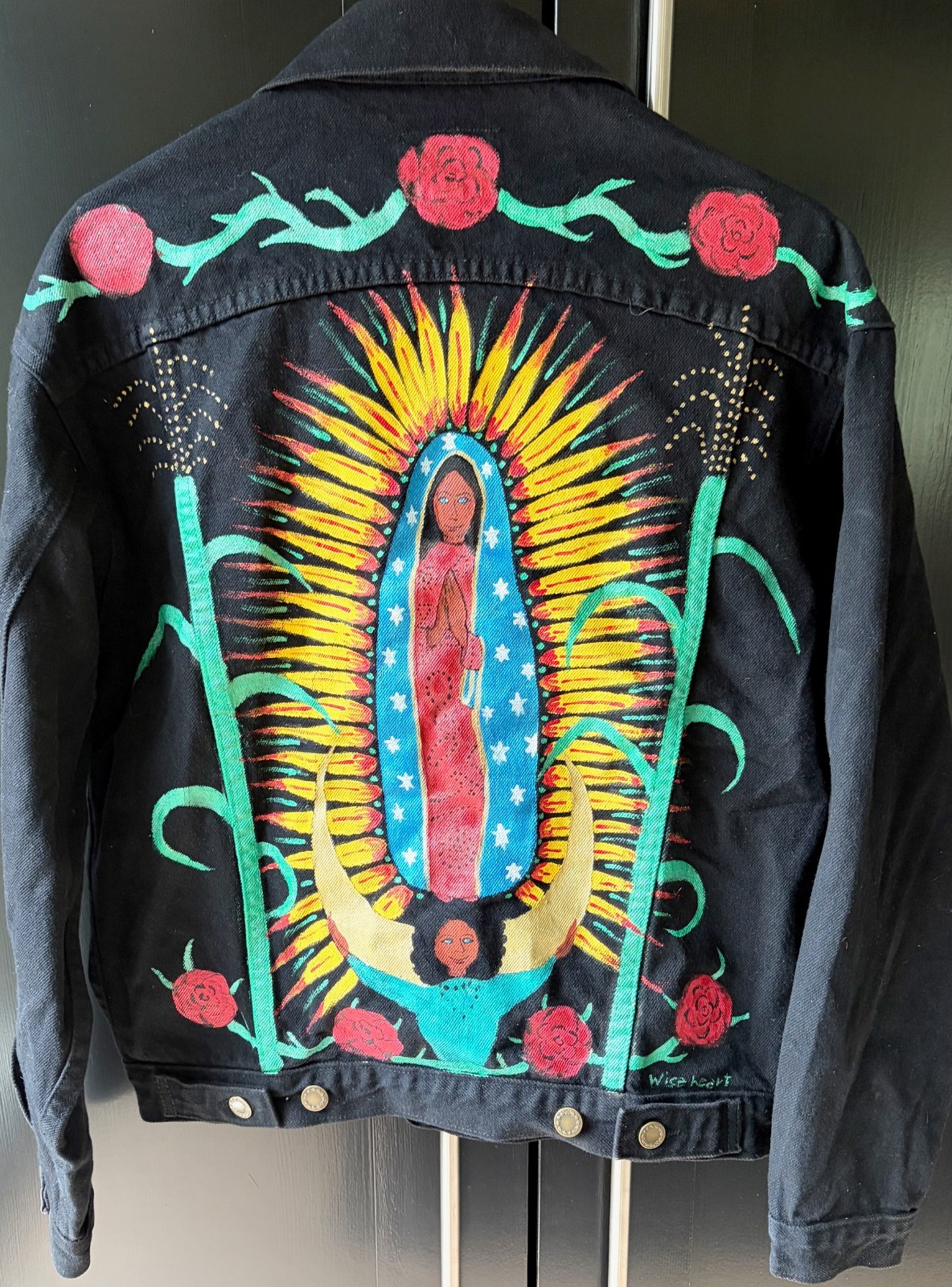 Vtg SUNDANCE Denim Wear OUR LADY GUADALUPE Hand-Painted BLACK JACKET Boho SMALL