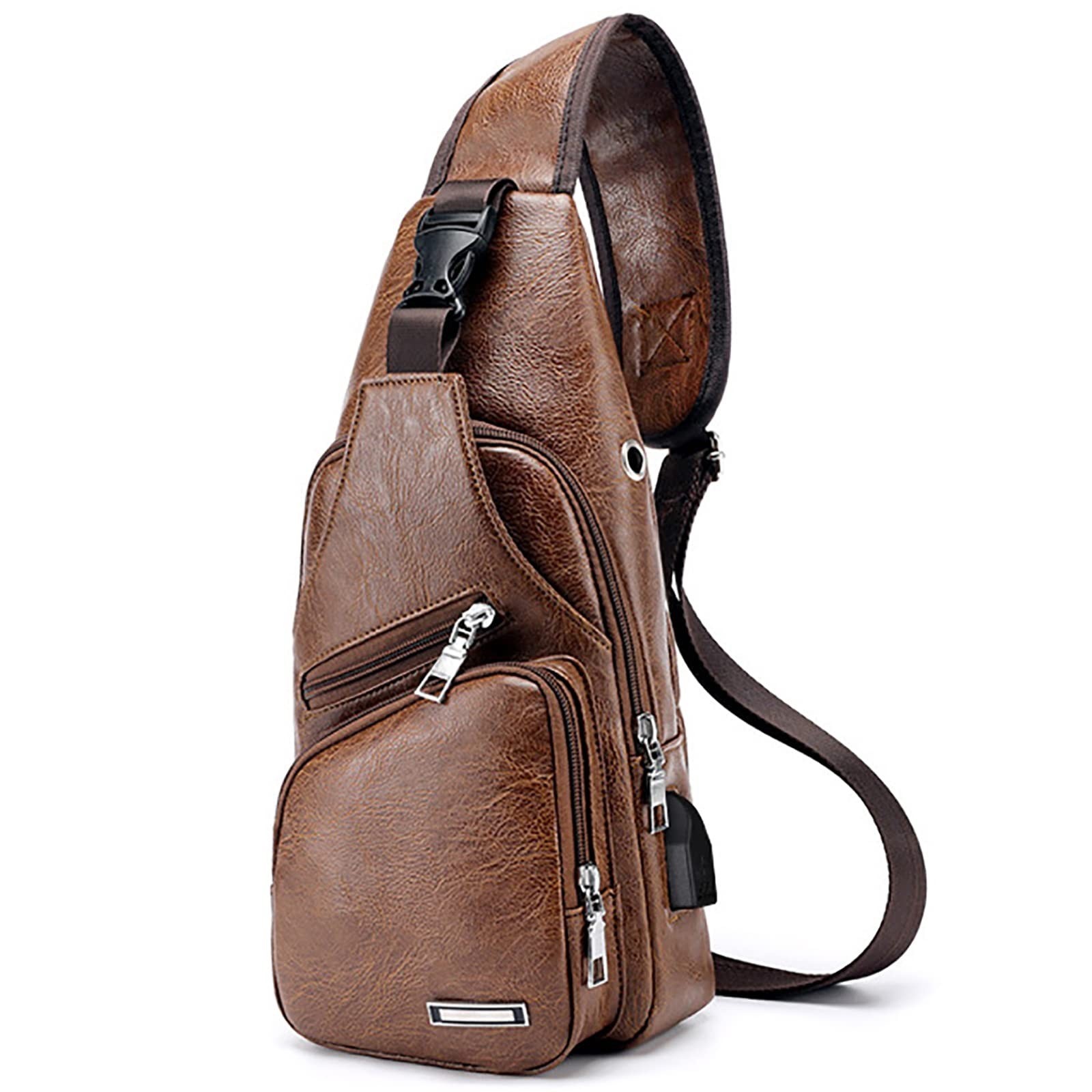 Men’s Crossbody Sling Backpack Chest Bag with USB Charger Port Lightweight Brown