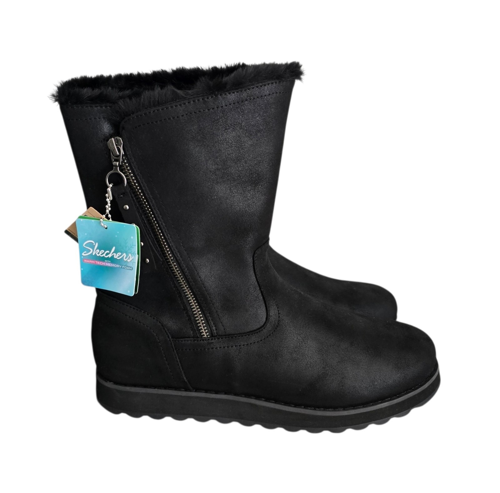 Skechers Keepsake Boots Womens Size 11 Black Faux Leather Faux Fur Side Zip