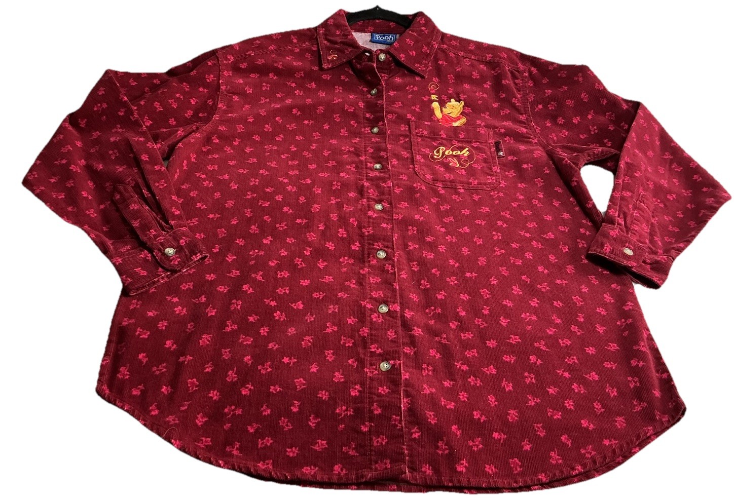 Winnie The Pooh Women’s Burgundy Corduroy Embroidered Button Shirt Medium NWT