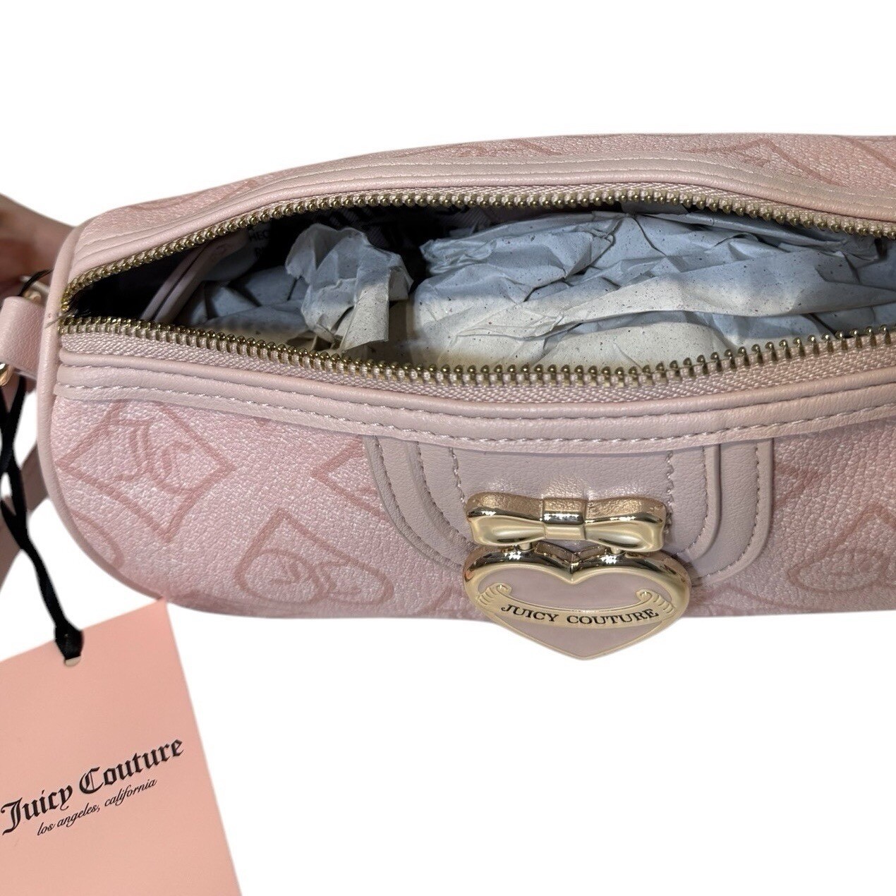 Juicy Couture Precious Moments Roll Bag Pink Clay Monogram Heart Crossbody NEW