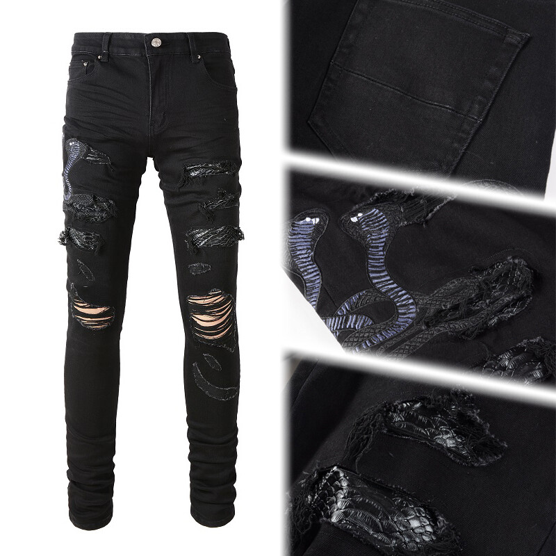 Men’s Skinny Stretch Jeans with Cobra Embroidery, Snake Skin PU Patch & Ripped