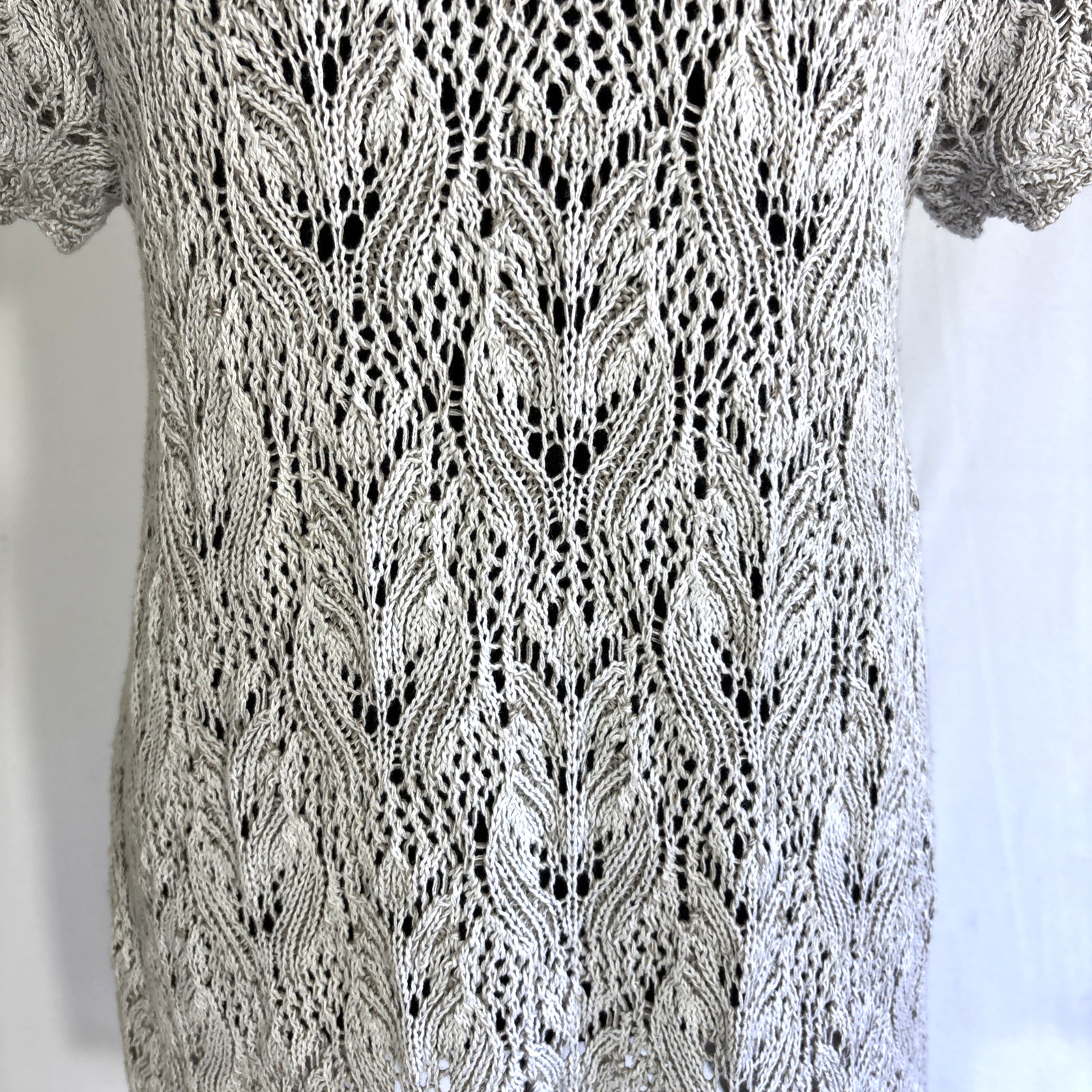 Jeanne Pierre Open Knit Sweater Large Gray Crochet Tunic Light Beach Coverup