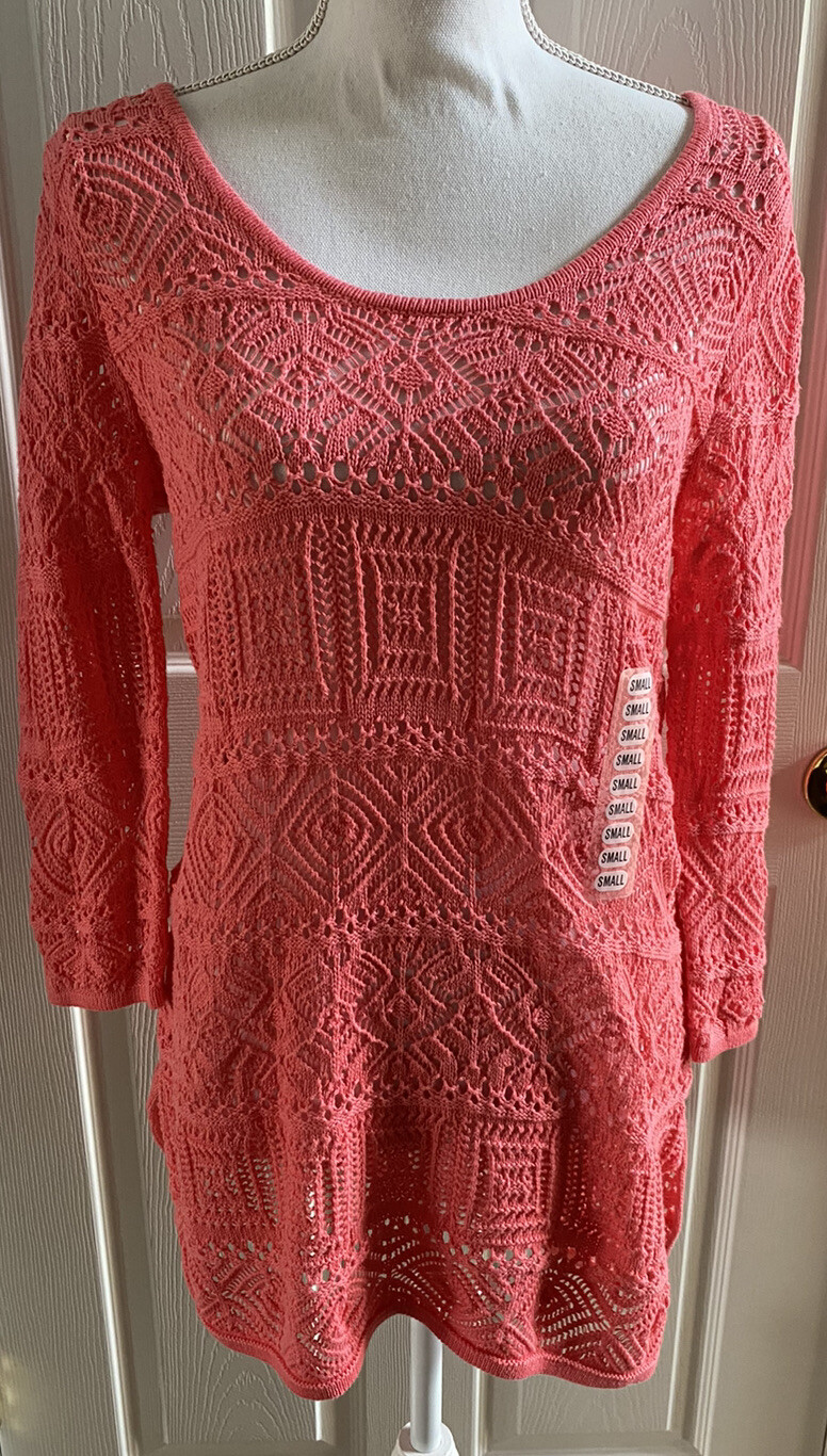 Jeanne Pierre Women’s Sz S Open Knit Crochet Tunic Top 3/4 Sleeves NWT