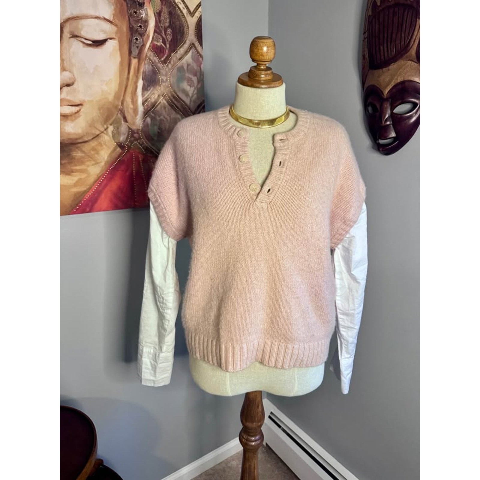 Naadam Cotton/Cashmere Blend Blush Mixed Media Henley Knit Sweater
