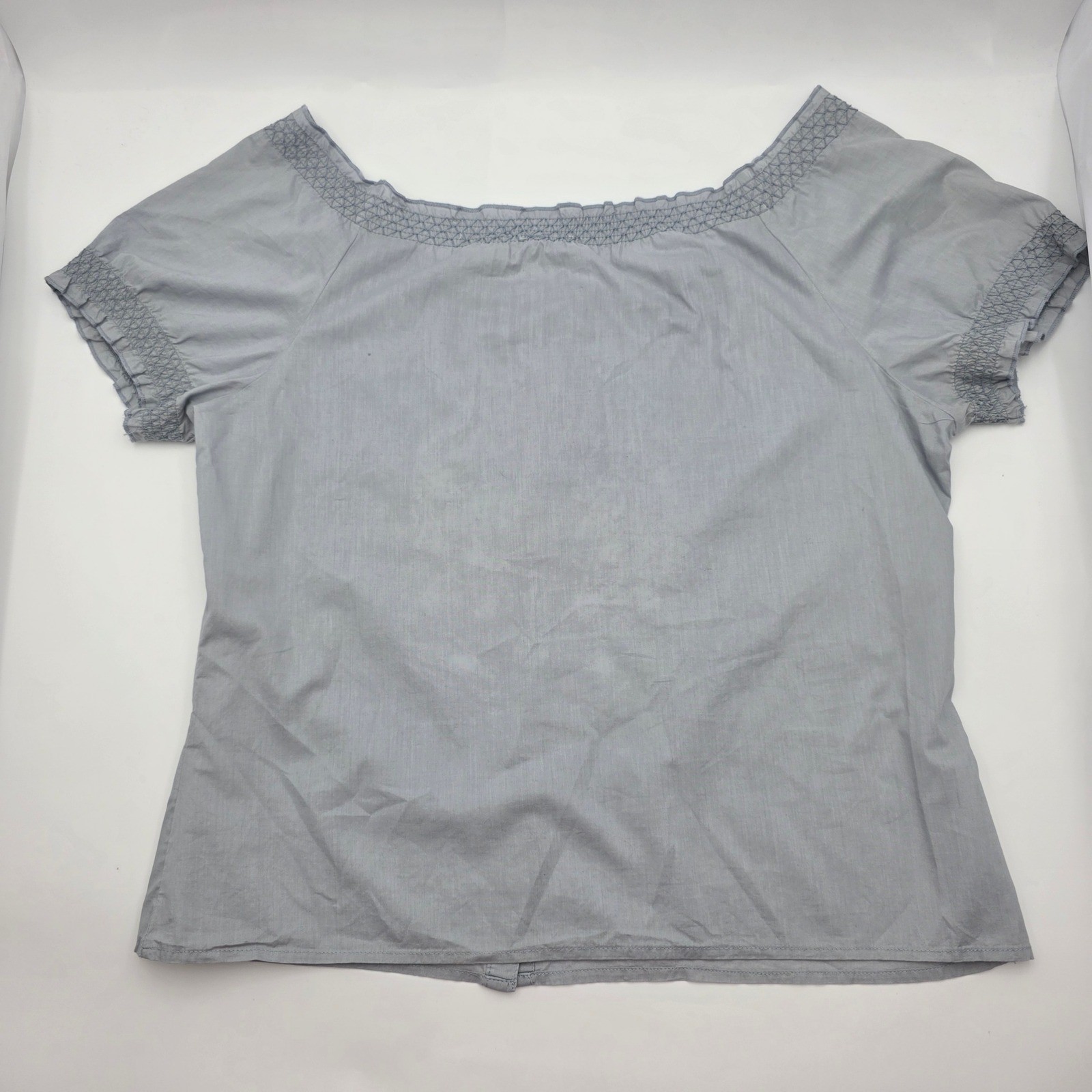 Caribbean Joe Petite L Gray Embroidered Cotton Peasant Blouse Boho Top