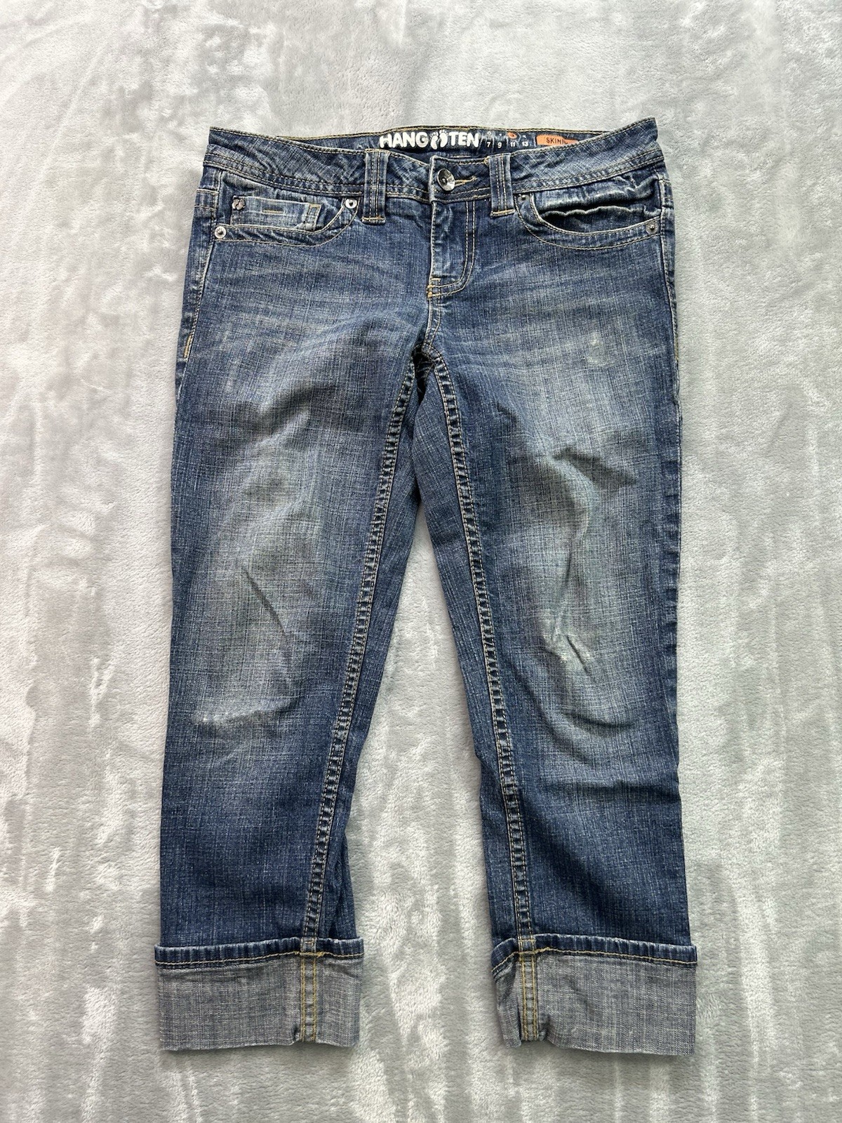 Hang Ten Y2K Jean Women Sz 3 Blue Skinny Crop Capri Stretch Cuffed Beach Walking