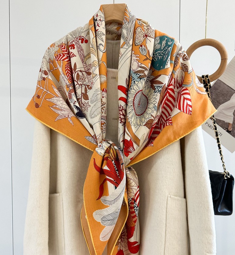 Double Face 70% Cashmere 30% Silk Scarf Square Shawl 53″ Orange Large Wrap