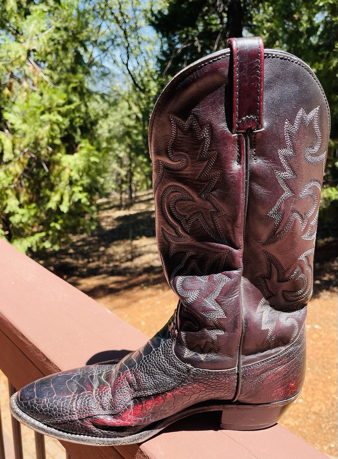 J.Chisholm Vintage Ostrich & Leather Cowboy Boots Black Cherry, 10.5 D, USA Made